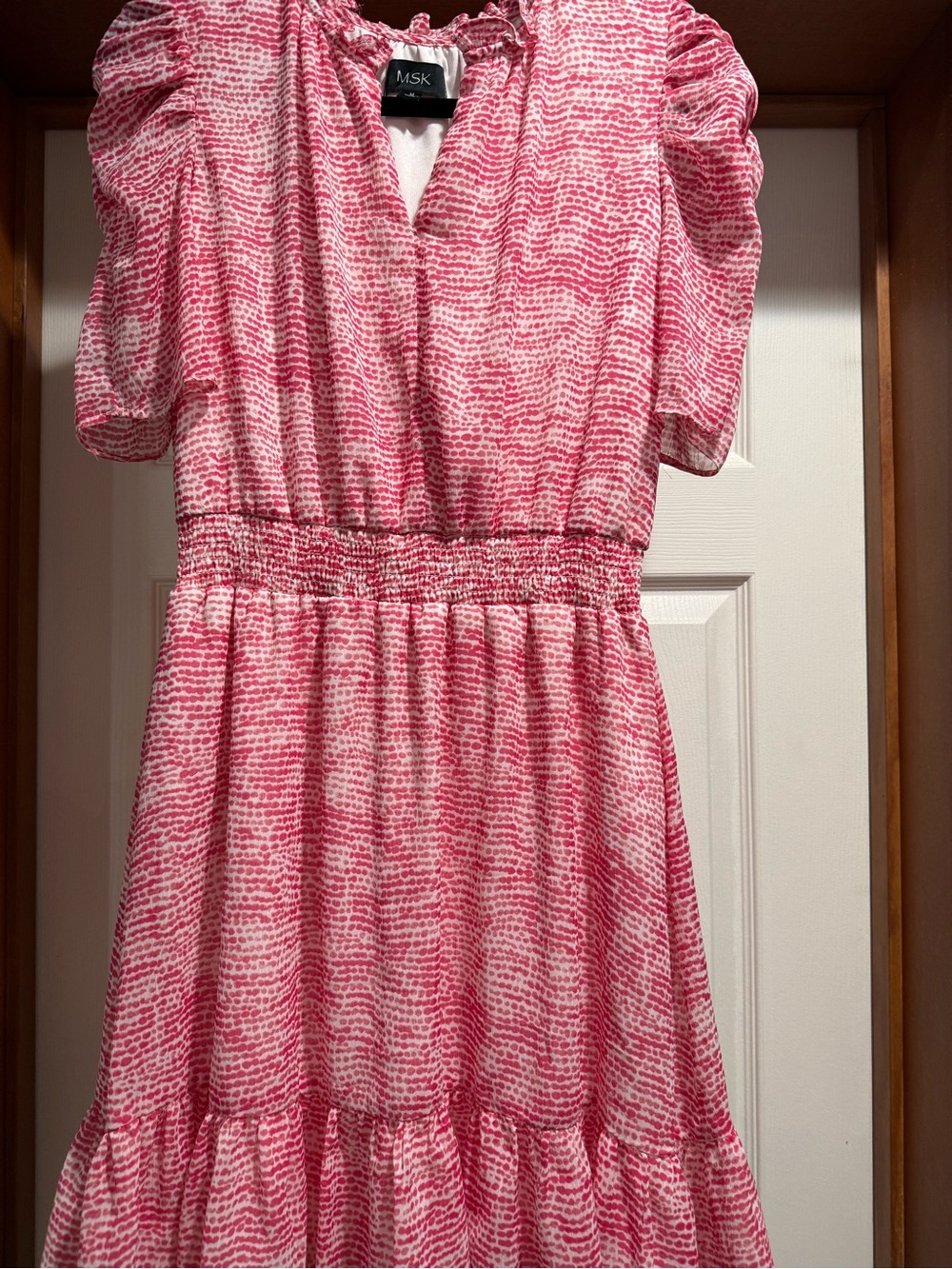 MSK Pink and White Printed Short Sleeve Smocked Waist Dress